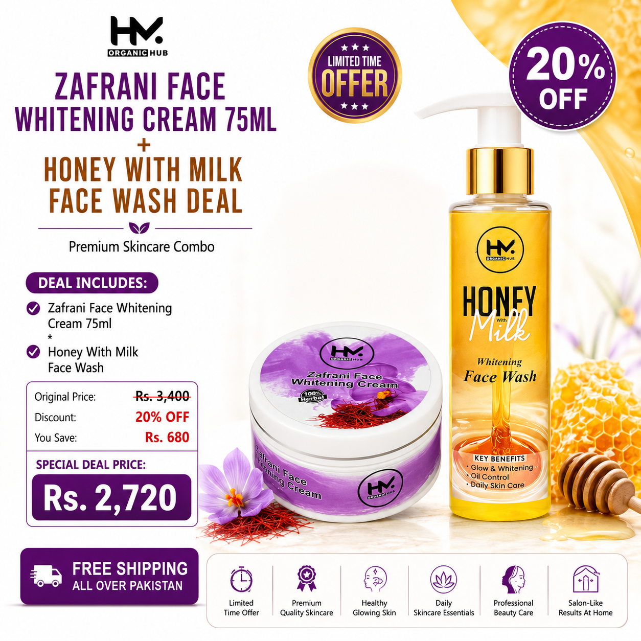 Zafrani Face Whitening Cream 75ml + Honey With Milk Face Wash | Skin Brightening &amp; Glow Care Combo